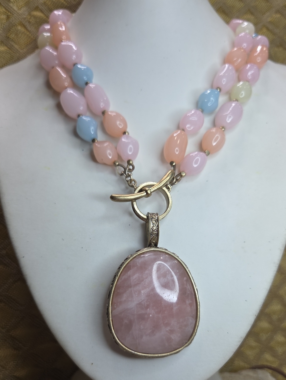 Vintage MONET pink jade enhancer on beaded necklace